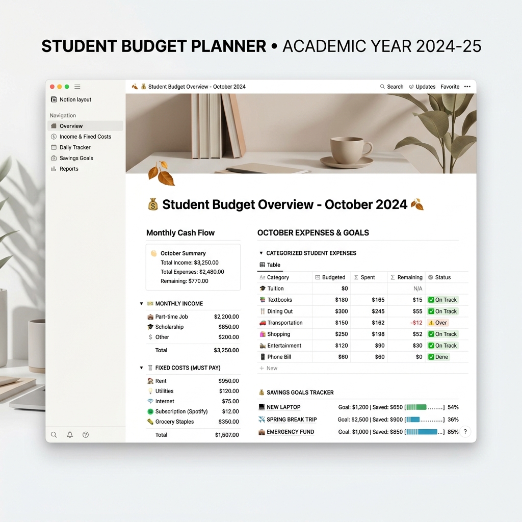 Aesthetic Notion student budget planner with progress bars