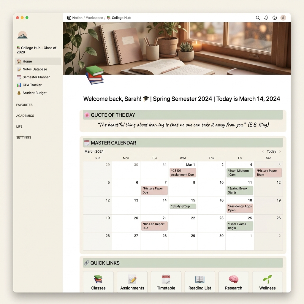 Complete student digital workspace dashboard in Notion