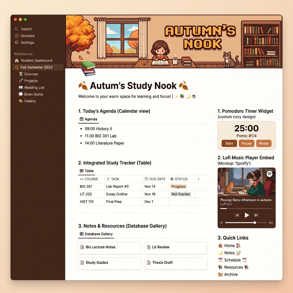 Cozy brown-themed Notion student workspace with a Pomodoro widget
