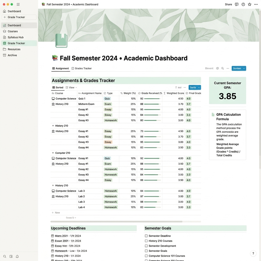 Notion grade tracker table showing automatic GPA calculations