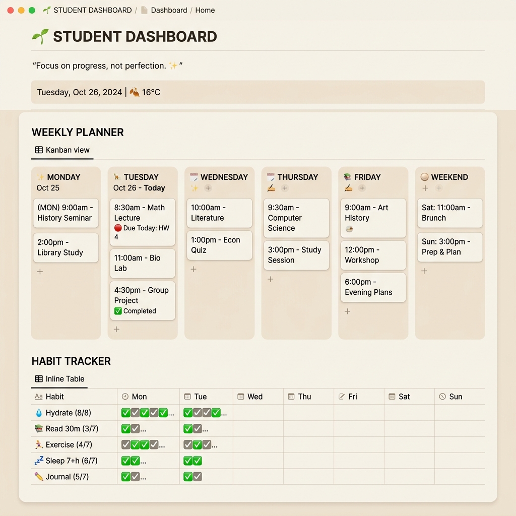 Minimalist student dashboard template with a clean beige theme