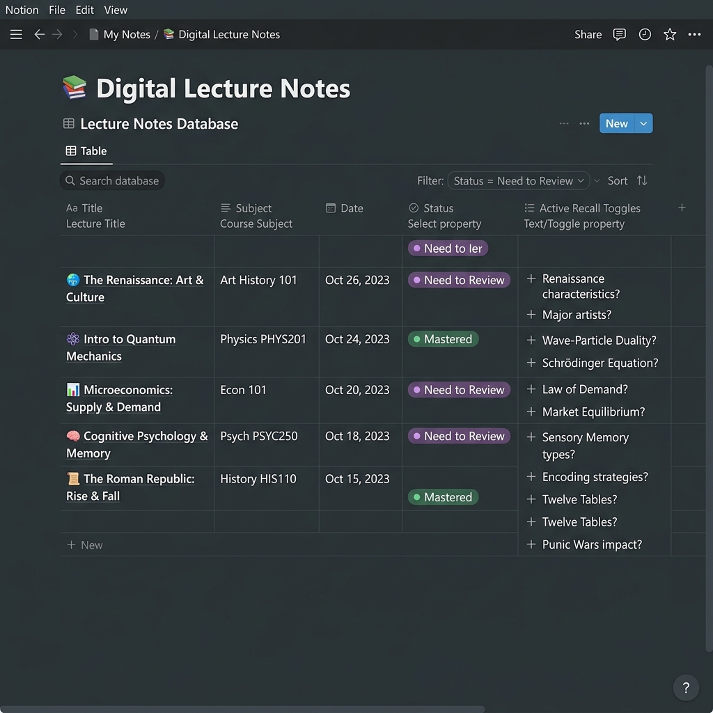 Notion digital lecture notes database with status tags